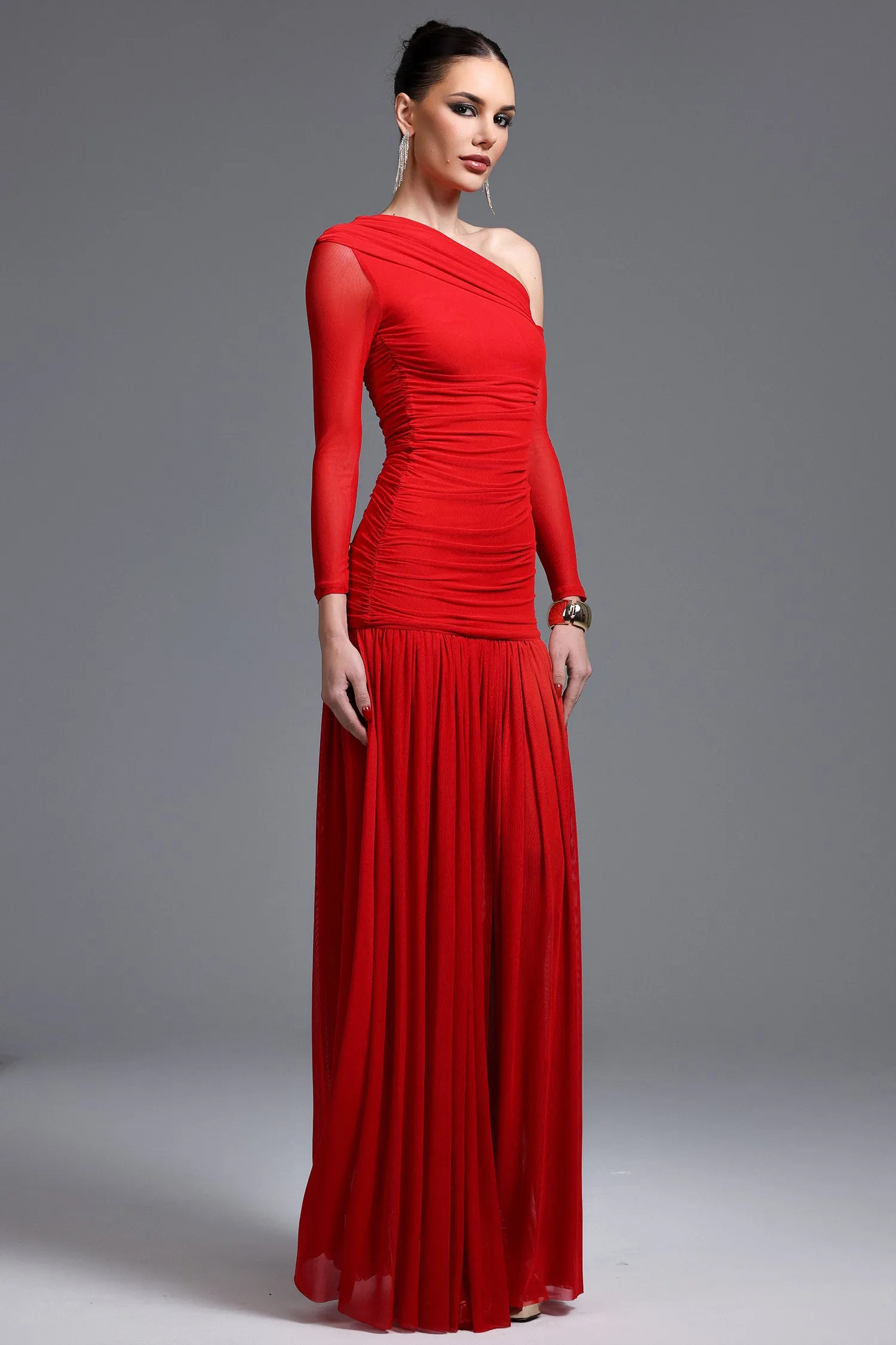 Zaniyah Elegant Contour One Shoulder Ruched High Slit Knit Maxi Dress by Bella Barnett sold by Goddiva product image thumbnail 2