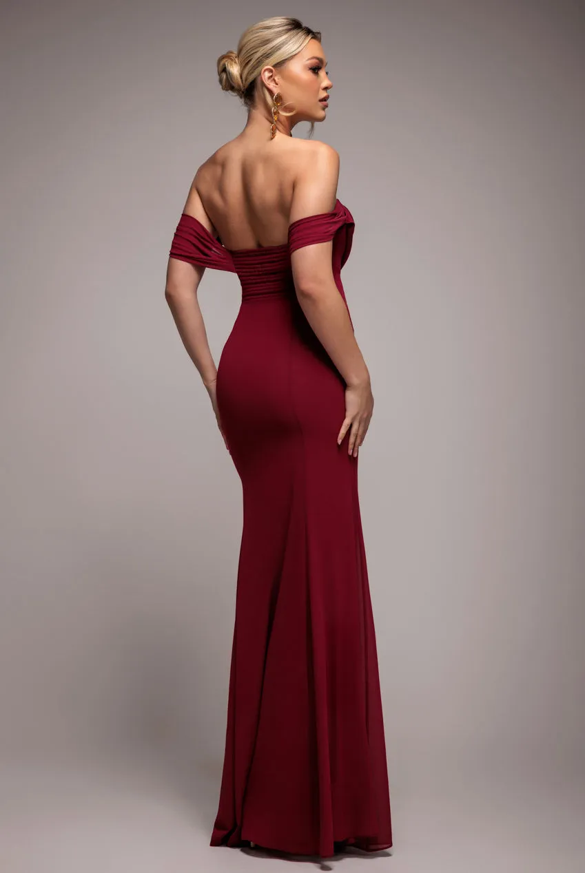 Chiffon Bardot Cowl Neck Maxi Dress - Burgundy Red by Goddiva sold by Goddiva product image thumbnail 2