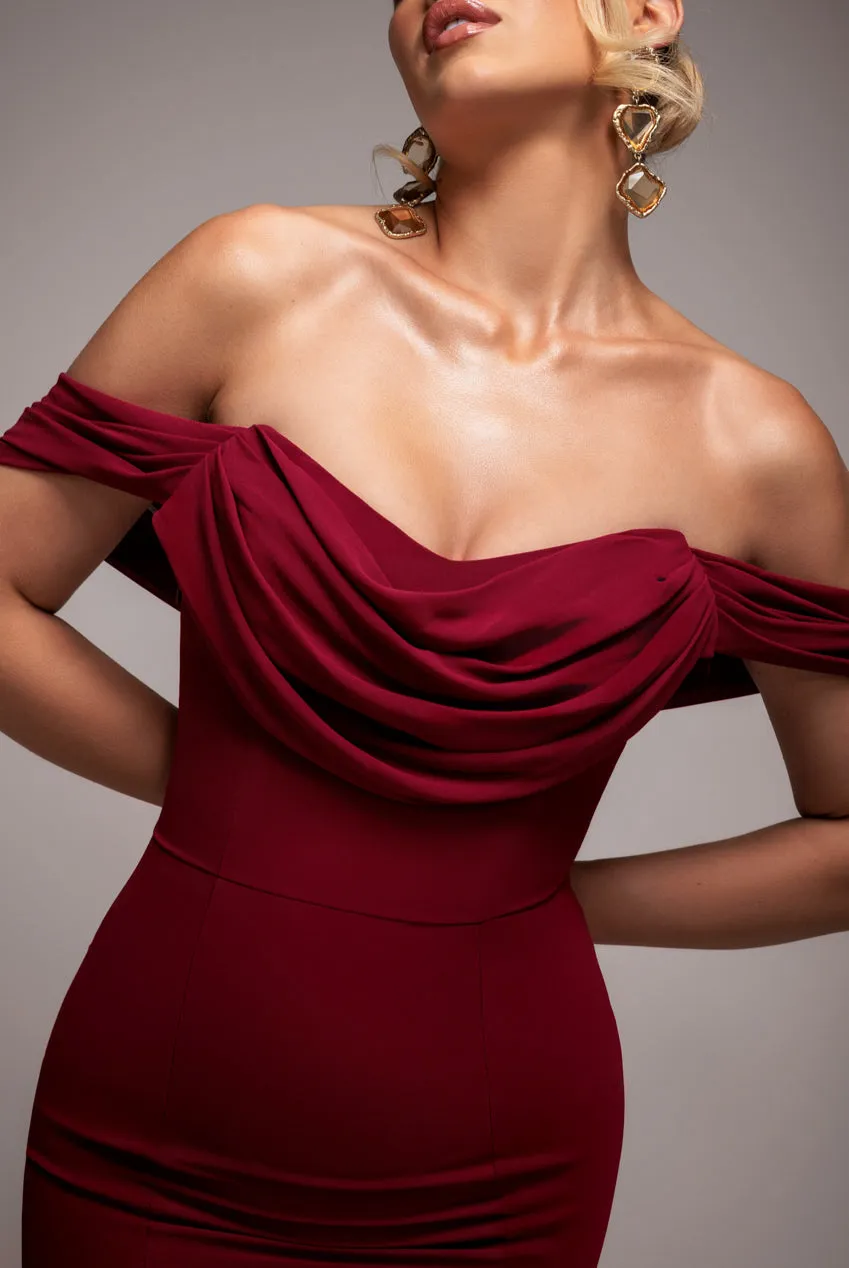 Chiffon Bardot Cowl Neck Maxi Dress - Burgundy Red by Goddiva sold by Goddiva product image thumbnail 3