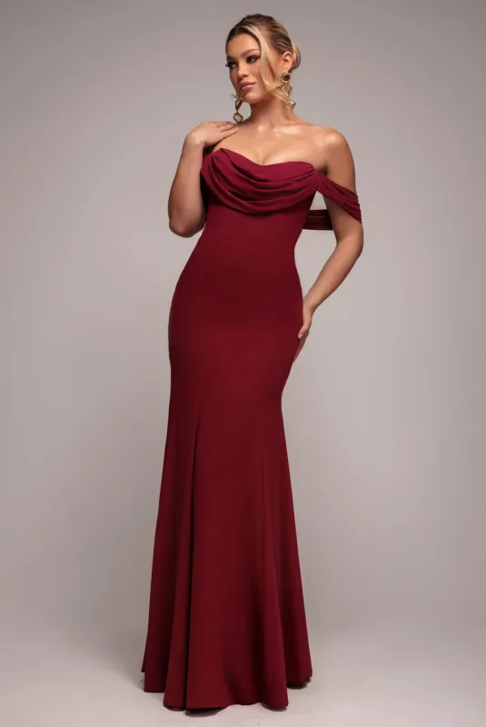 Chiffon Bardot Cowl Neck Maxi Dress - Burgundy Red by Goddiva sold by Goddiva