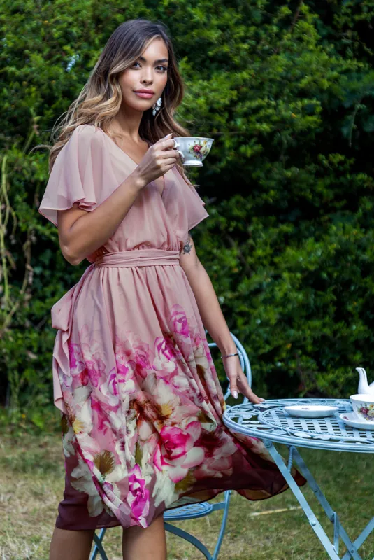 Goddiva Chiffon Floral Border Print Midi Dress - Blush sold by Goddiva