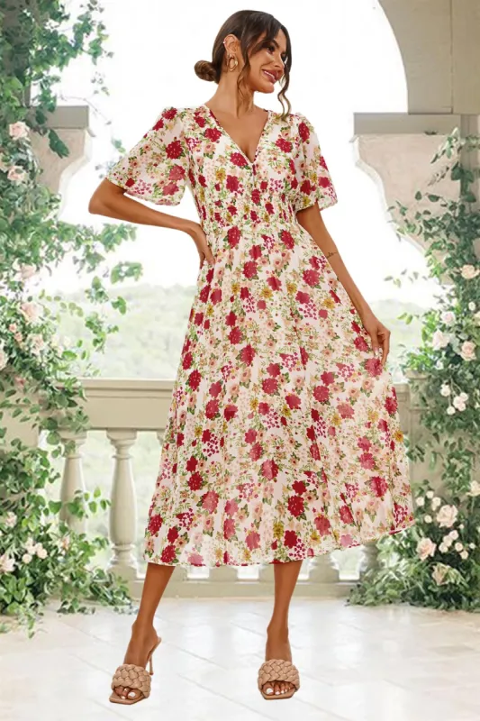 FS Collection Red Floral Print Angel Sleeve Midi Dress In White sold by Goddiva