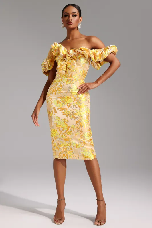 Merrit Off-the-Shoulder Jacquard Midi Dress by Bella Barnett sold by Goddiva