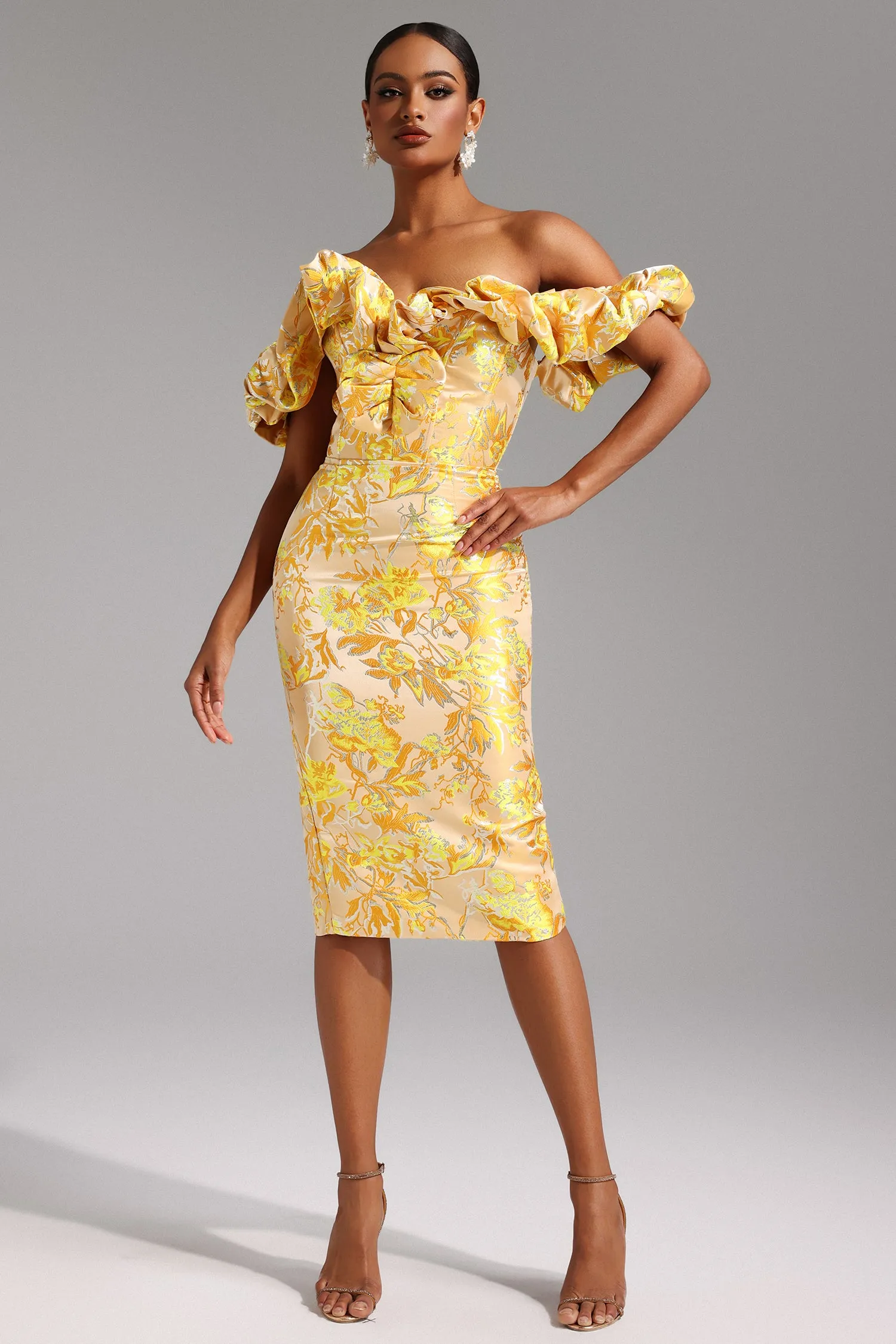 Merrit Off-the-Shoulder Jacquard Midi Dress by Bella Barnett sold by Goddiva