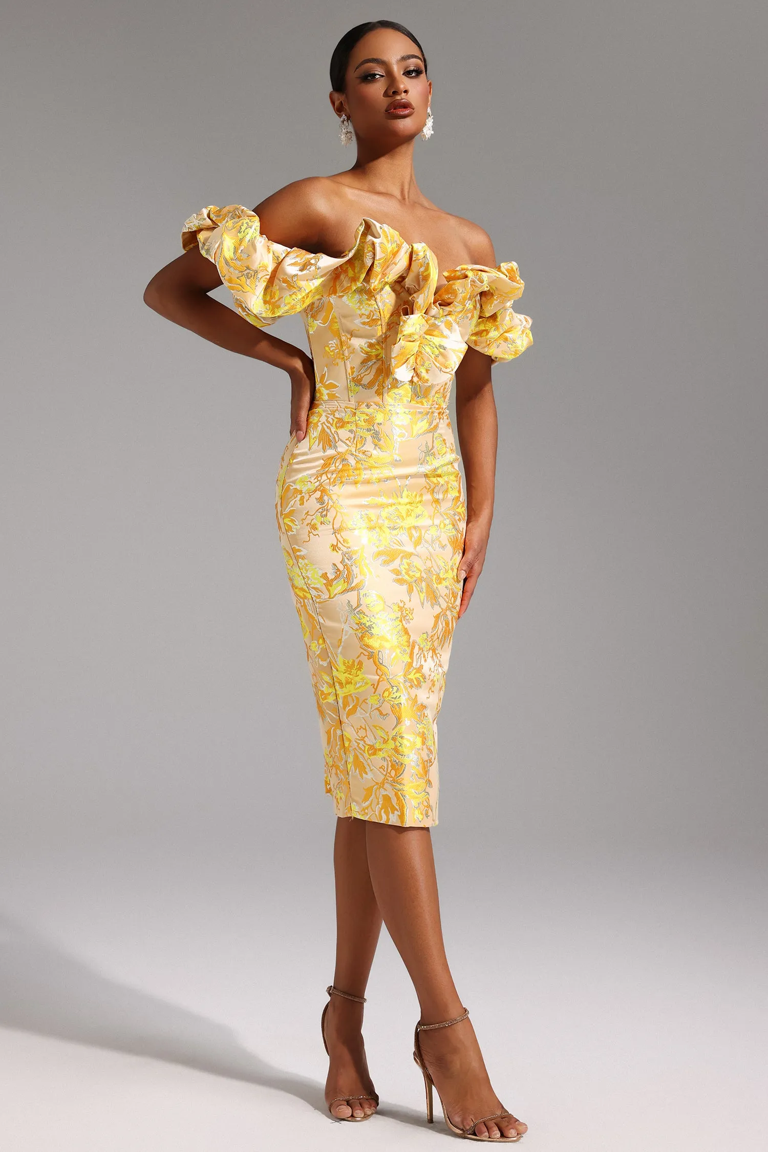 Merrit Off-the-Shoulder Jacquard Midi Dress by Bella Barnett sold by Goddiva product image thumbnail 2