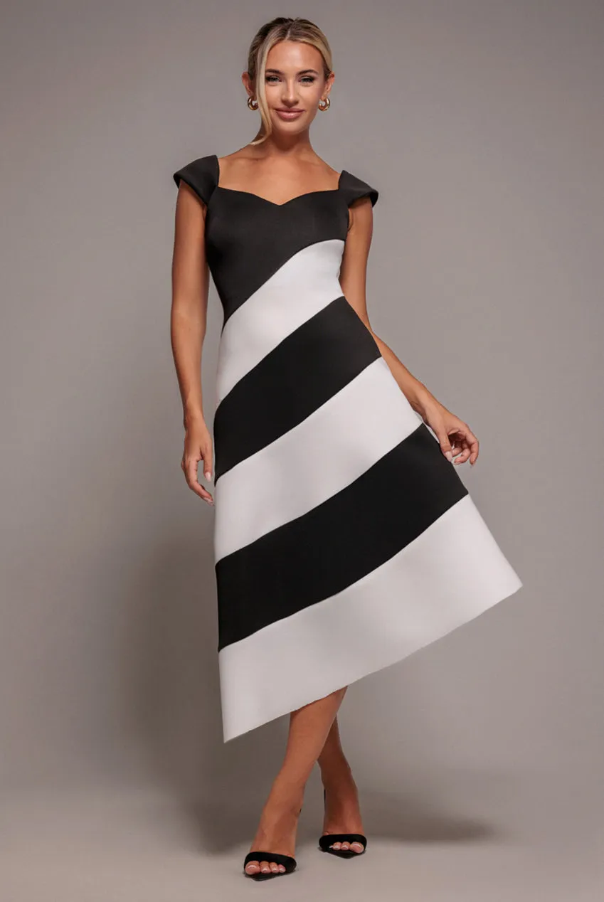 Striped Contrast Asymmetric Midi Dress - Black Cream by Goddiva sold by Goddiva