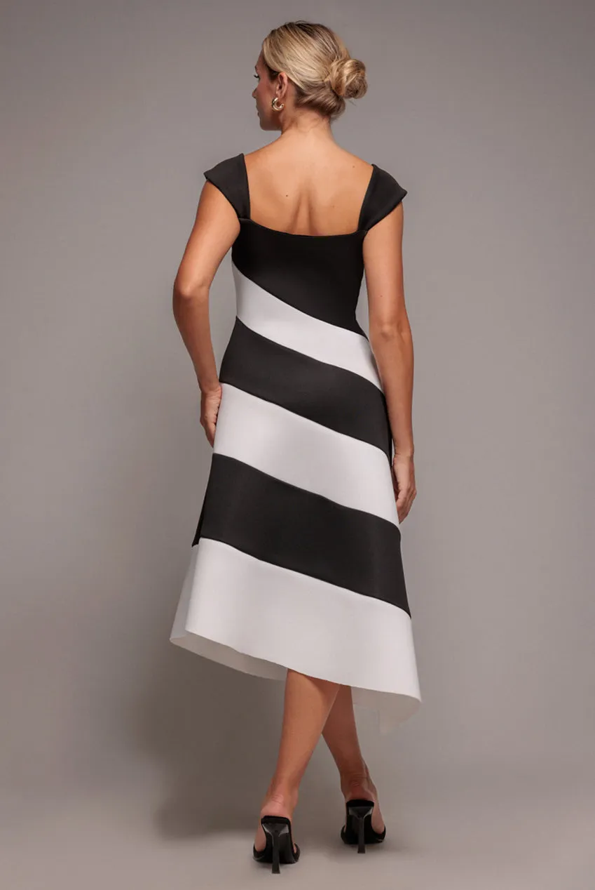 Striped Contrast Asymmetric Midi Dress - Black Cream by Goddiva sold by Goddiva product image thumbnail 2