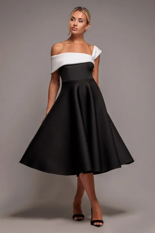 One Shoulder A Line Midi Dress - Black Cream by Goddiva sold by Goddiva