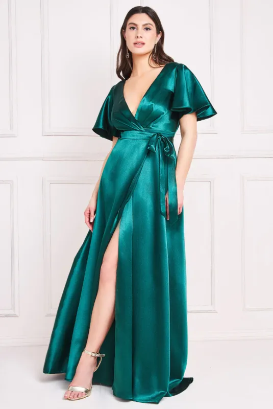 Flutter Sleeve Wrapover Satin Maxi Dress - Emerald Green by Goddiva sold by Goddiva