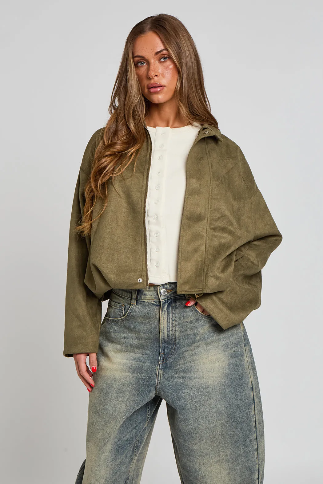 Khaki Collared Bubble Hem Jacket by Urban Bliss sold by Goddiva