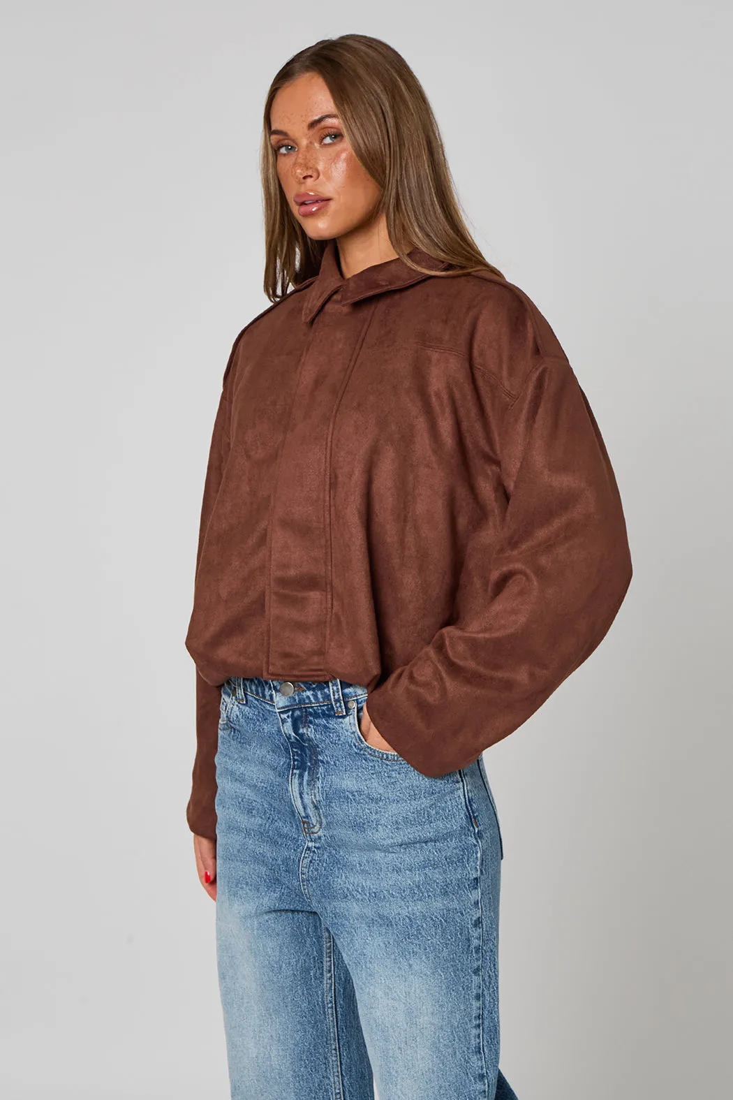 Chocolate Collared Bubble Hem Jacket by Urban Bliss sold by Goddiva product image thumbnail 3