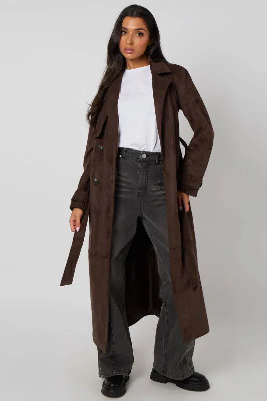 Chocolate Faux Suede Trench Coat by Urban Bliss made by Goddiva