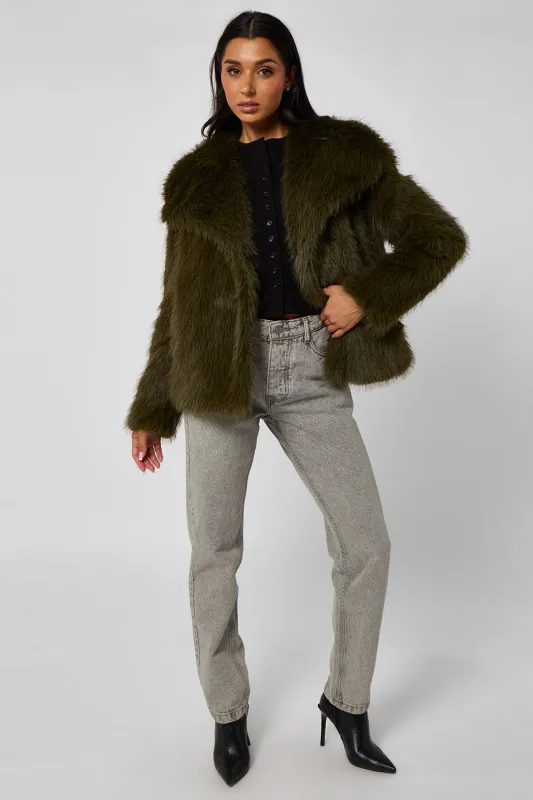Khaki Faux Fur Jacket by Urban Bliss made by Goddiva