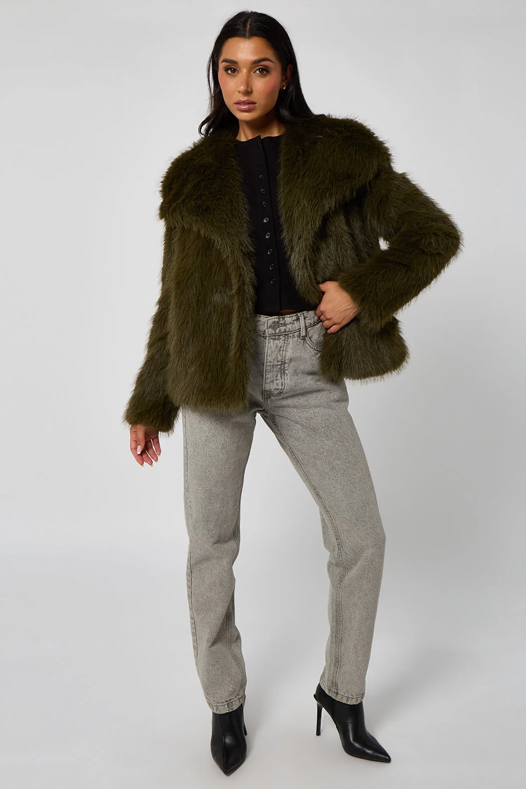 Khaki Faux Fur Jacket by Urban Bliss sold by Goddiva