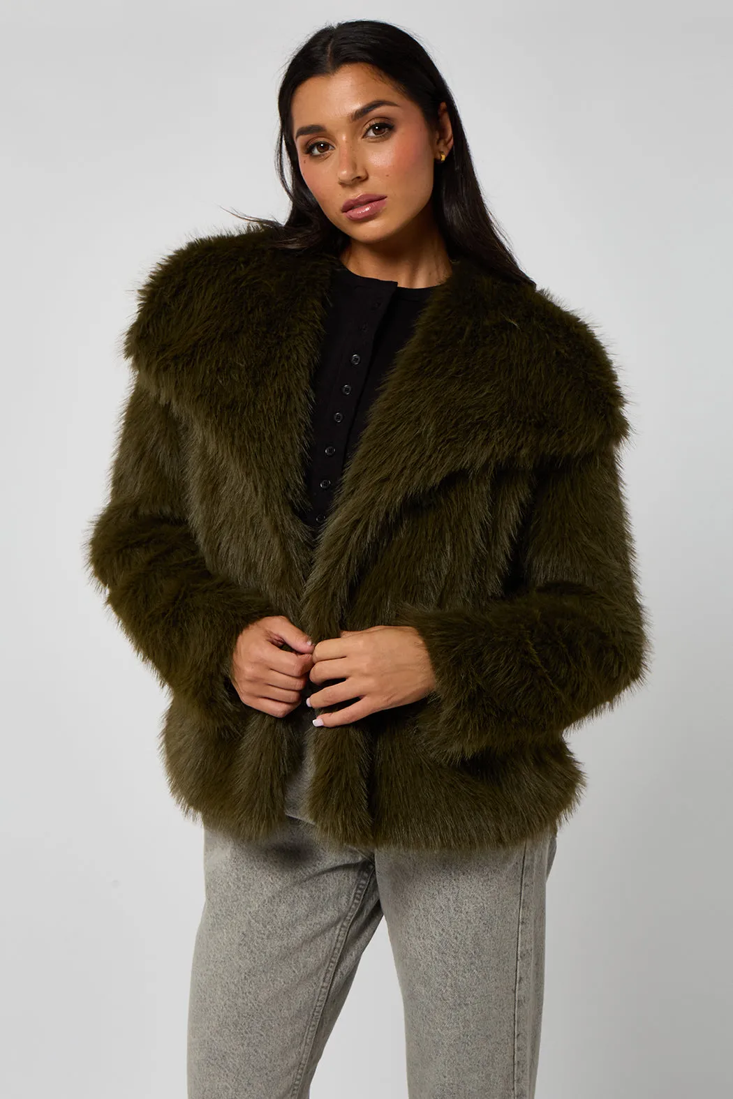 Khaki Faux Fur Jacket by Urban Bliss sold by Goddiva product image thumbnail 2