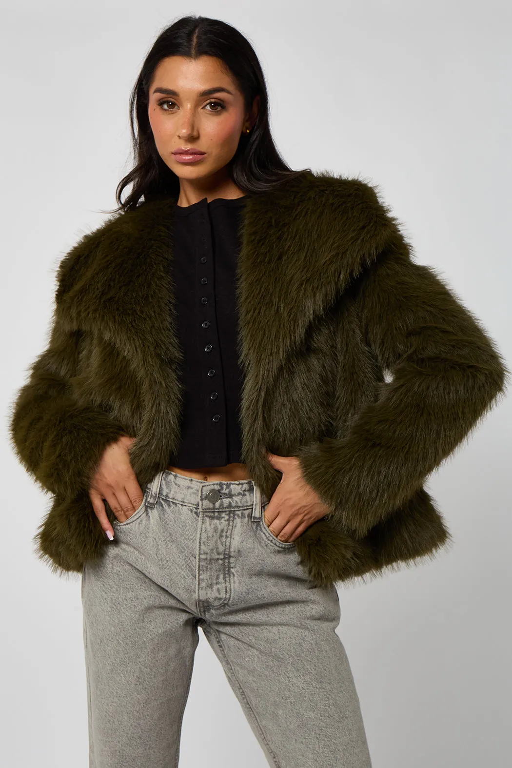 Khaki Faux Fur Jacket by Urban Bliss sold by Goddiva product image thumbnail 3