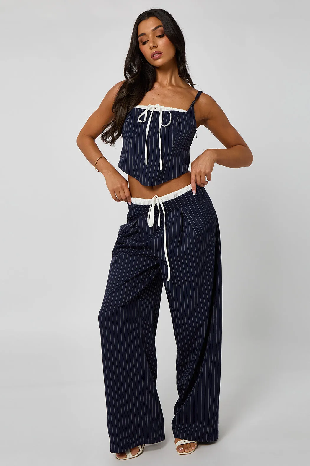 Pinstripe Double Waistband Low Rise Trouser by Urban Bliss sold by Goddiva product image thumbnail 2