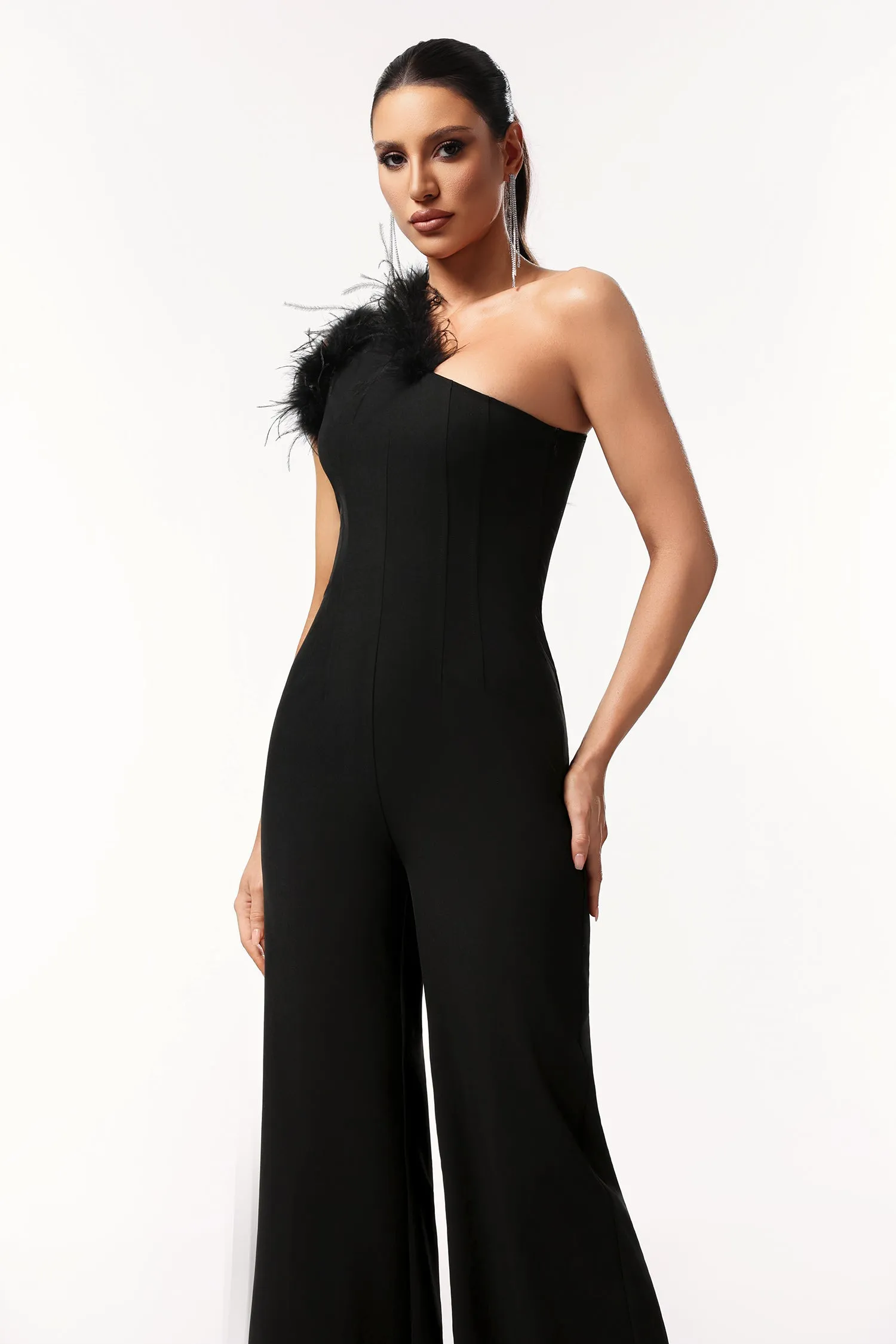 Ueza One Shoulder Sleeveless Feather Maxi Jumpsuit by Bella Barnett sold by Goddiva product image thumbnail 4