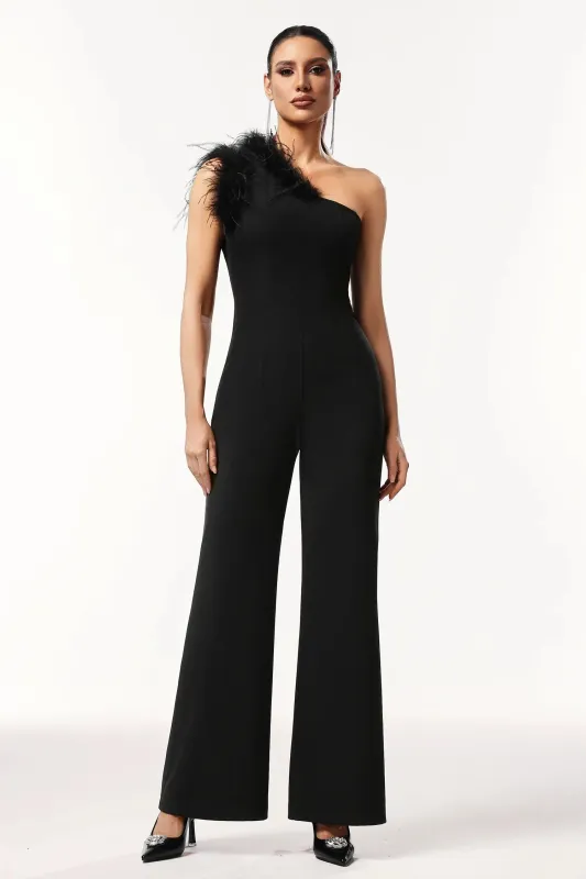 Ueza One Shoulder Sleeveless Feather Maxi Jumpsuit by Bella Barnett made by Bella Barnett