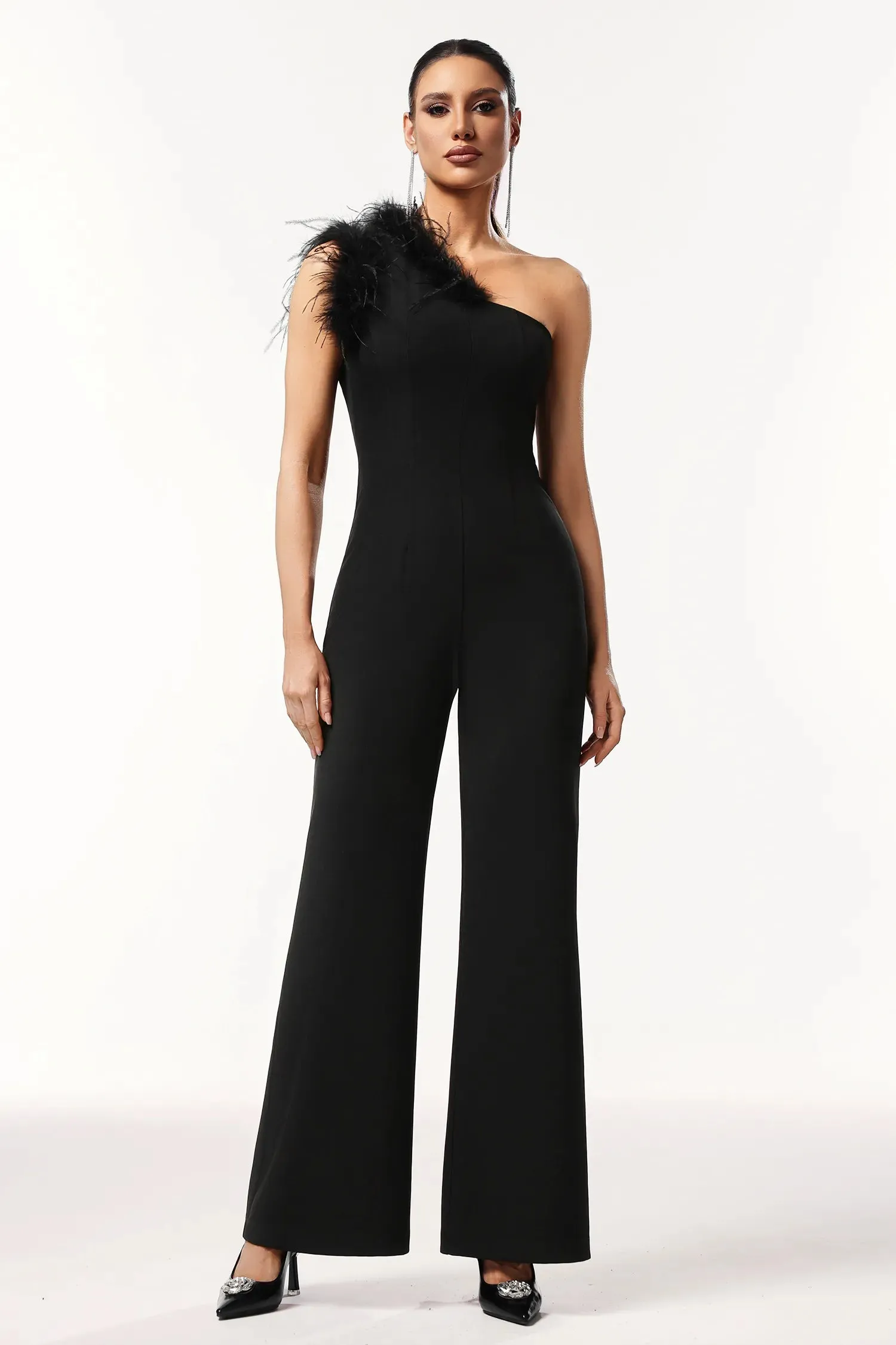 Ueza One Shoulder Sleeveless Feather Maxi Jumpsuit by Bella Barnett sold by Goddiva