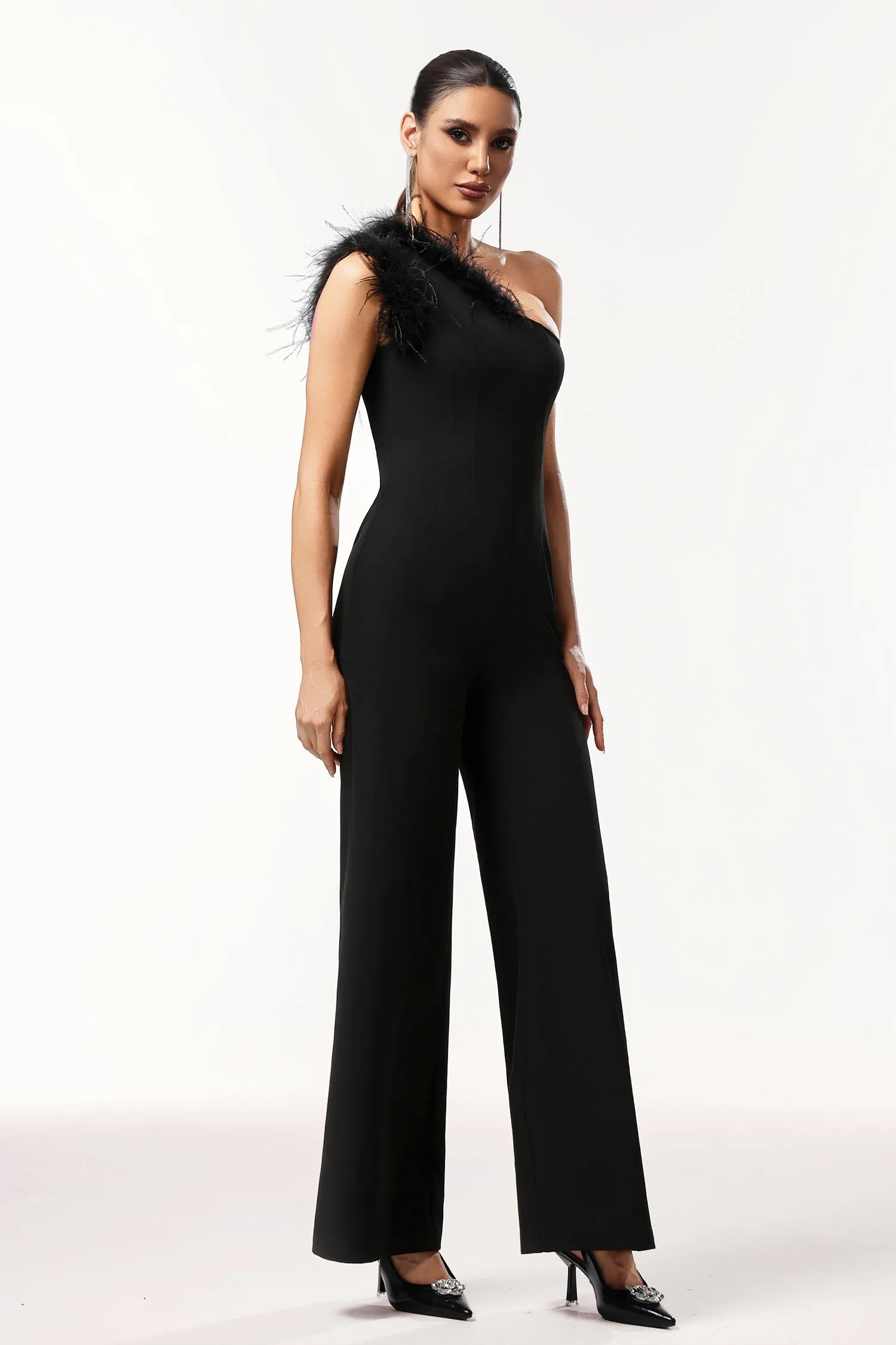 Ueza One Shoulder Sleeveless Feather Maxi Jumpsuit by Bella Barnett sold by Goddiva product image thumbnail 3