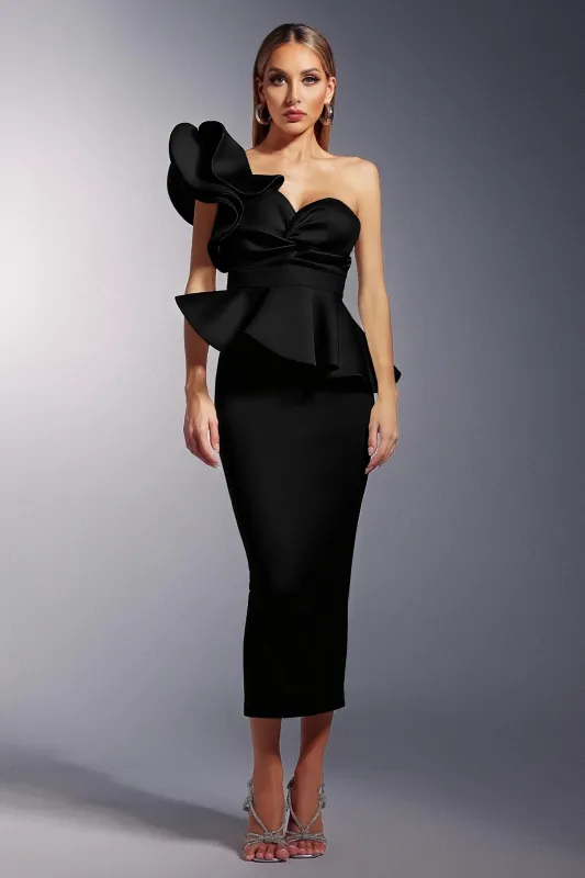 Luysa One Shoulder Asymmetry Black Midi Set by Bella Barnett made by Bella Barnett