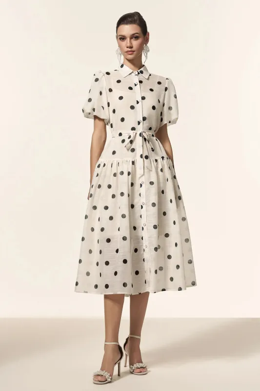 Kiera Lapel Dot Printed Puff Sleeves Midi Dress by Bella Barnett sold by Goddiva
