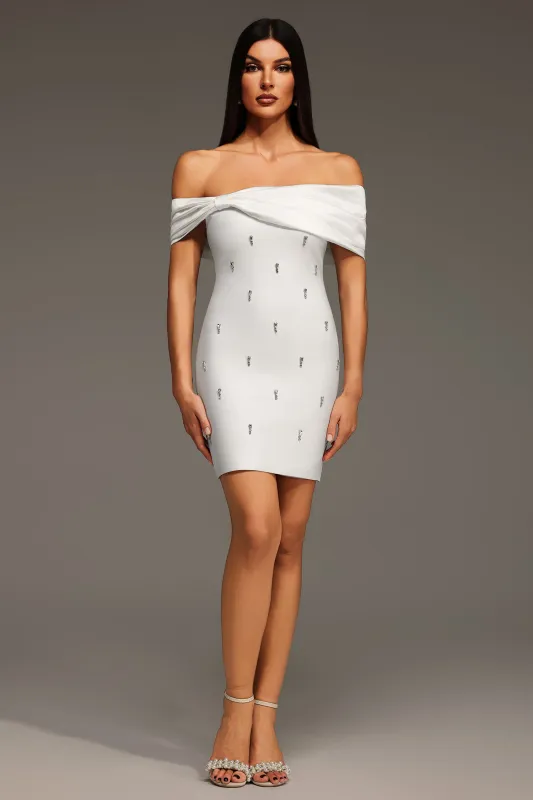 Verney Off The Shoulder Bow Diamond Bandage Mini Dress by Bella Barnett made by Bella Barnett