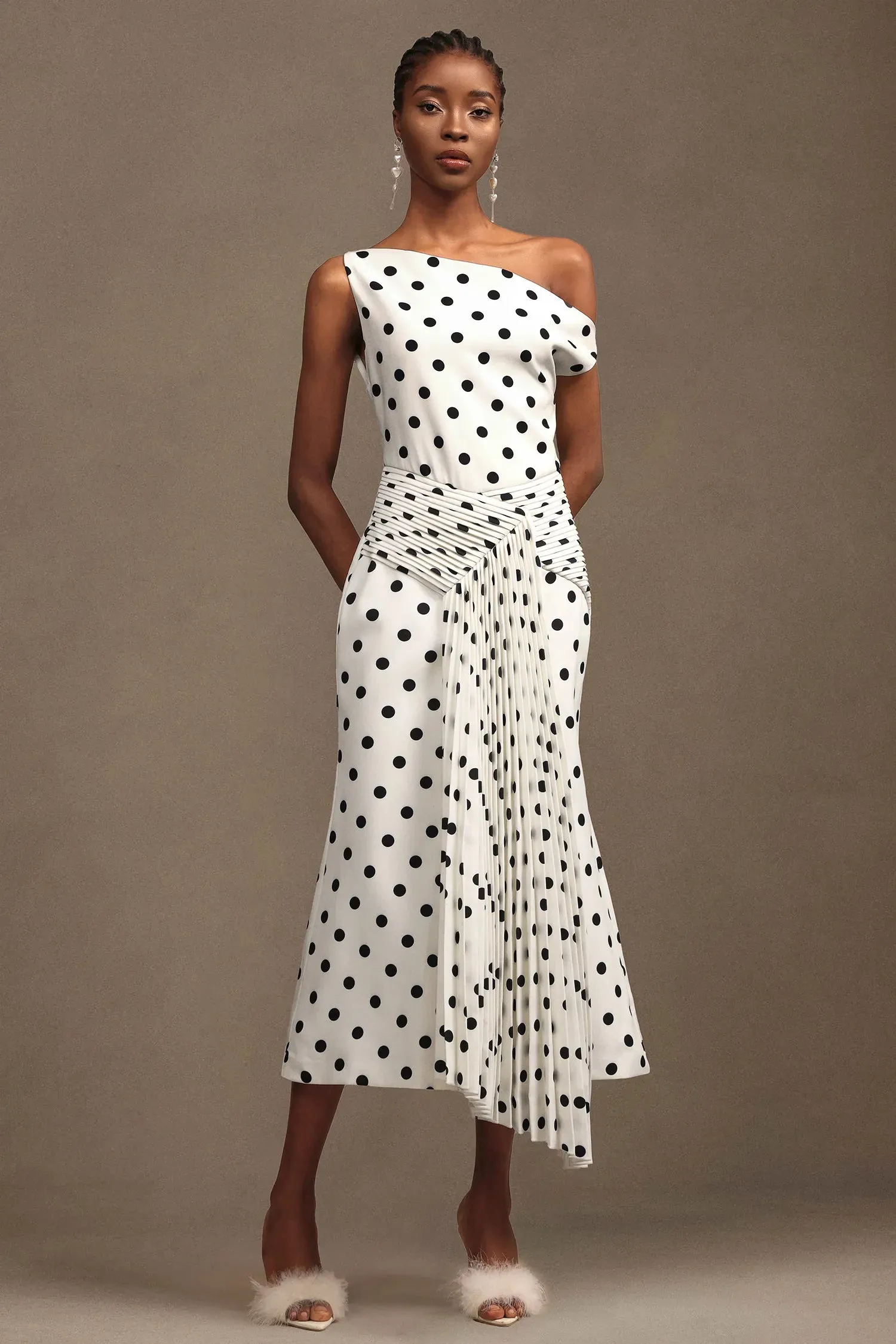 Hutuny Polka Dot One Shoulder Fold Maxi Dress by Bella Barnett sold by Goddiva