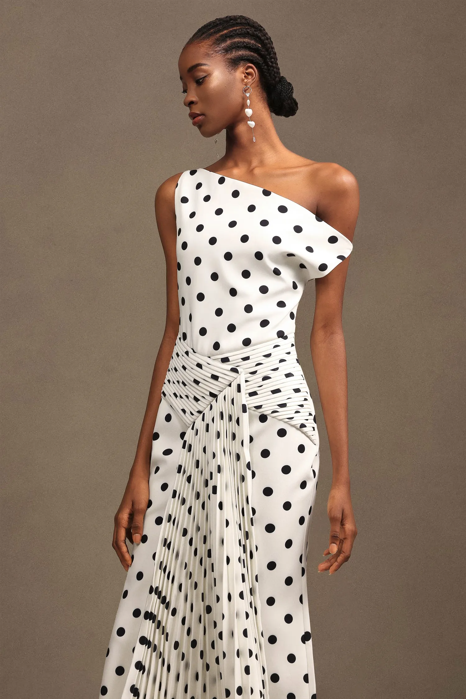 Hutuny Polka Dot One Shoulder Fold Maxi Dress by Bella Barnett sold by Goddiva product image thumbnail 3