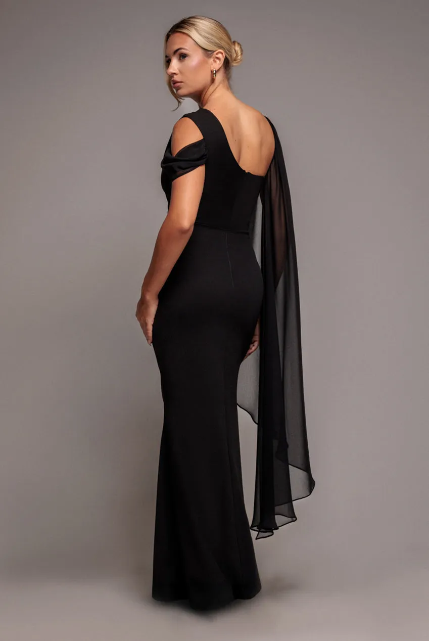 One Shoulder Chiffon Cape Crepe Maxi Dress - Black by Goddiva sold by Goddiva product image thumbnail 2