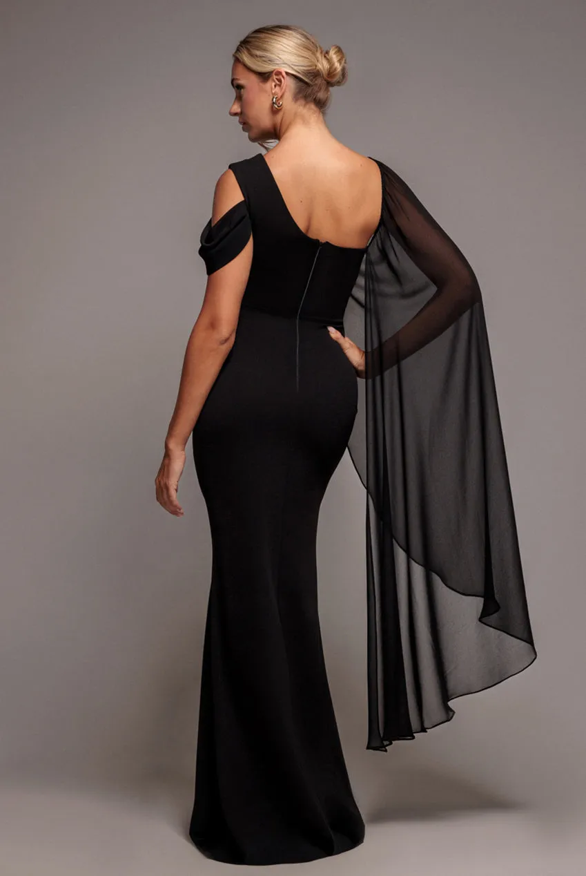 One Shoulder Chiffon Cape Crepe Maxi Dress - Black by Goddiva sold by Goddiva product image thumbnail 3