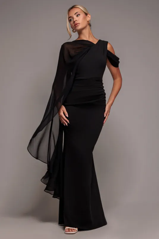 One Shoulder Chiffon Cape Crepe Maxi Dress - Black by Goddiva made by Goddiva