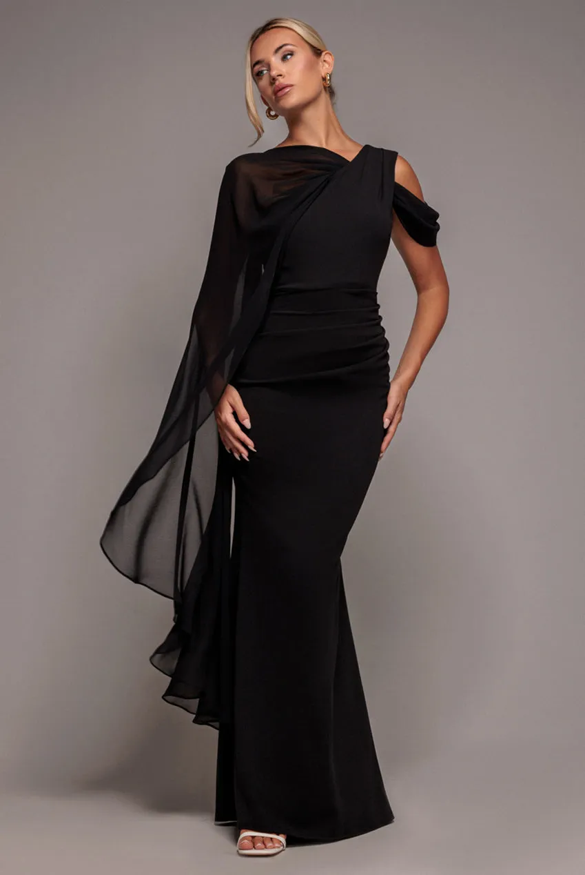 One Shoulder Chiffon Cape Crepe Maxi Dress - Black by Goddiva sold by Goddiva