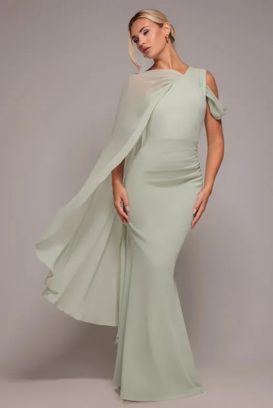 One Shoulder Chiffon Cape Crepe Maxi Dress - Sage Green by Goddiva made by Goddiva