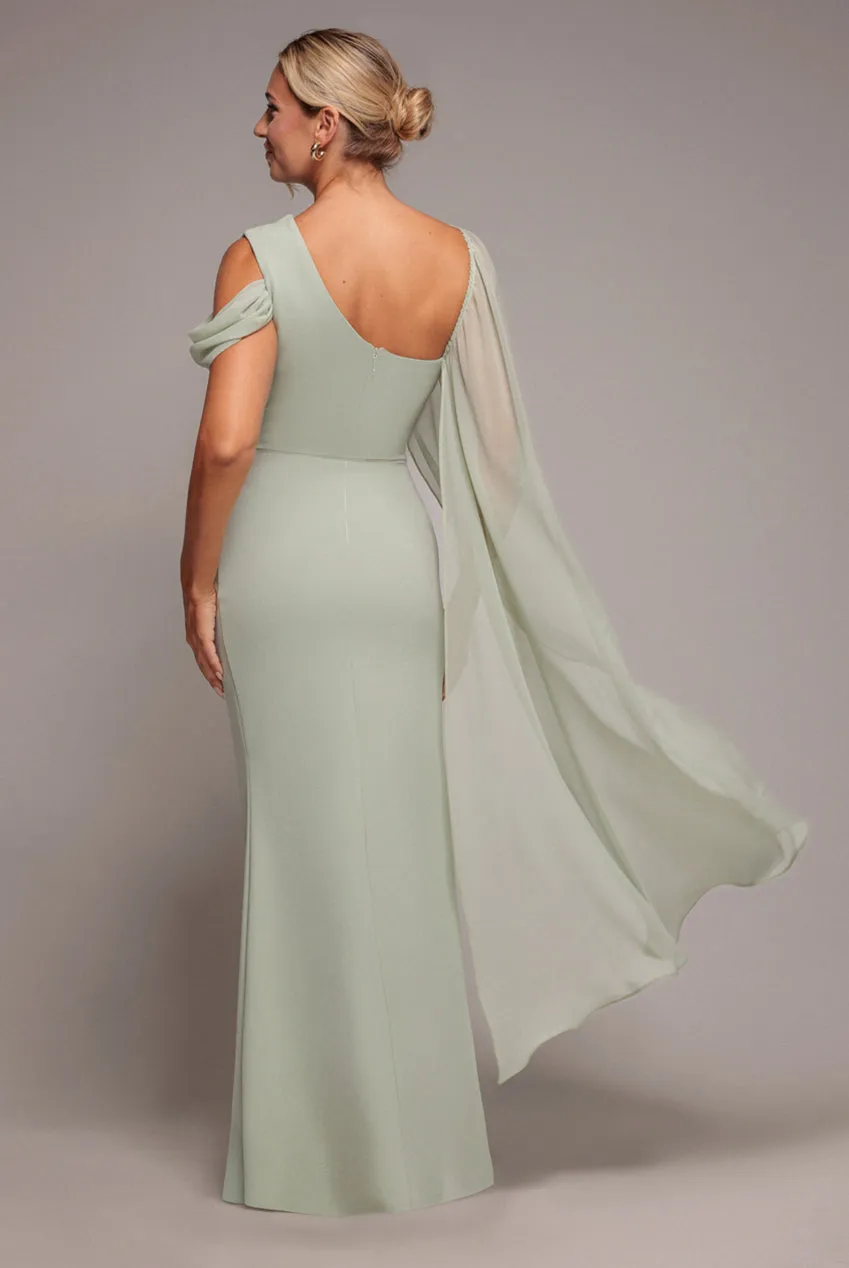 One Shoulder Chiffon Cape Crepe Maxi Dress - Sage Green by Goddiva sold by Goddiva product image thumbnail 2