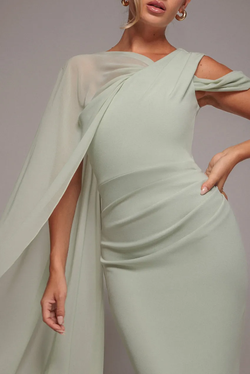 One Shoulder Chiffon Cape Crepe Maxi Dress - Sage Green by Goddiva sold by Goddiva product image thumbnail 3