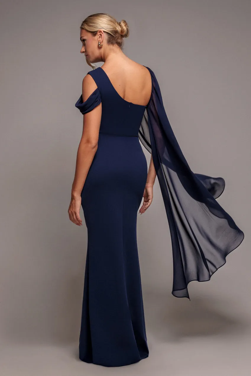 One Shoulder Chiffon Cape Crepe Maxi Dress - Navy Blue by Goddiva sold by Goddiva product image thumbnail 2