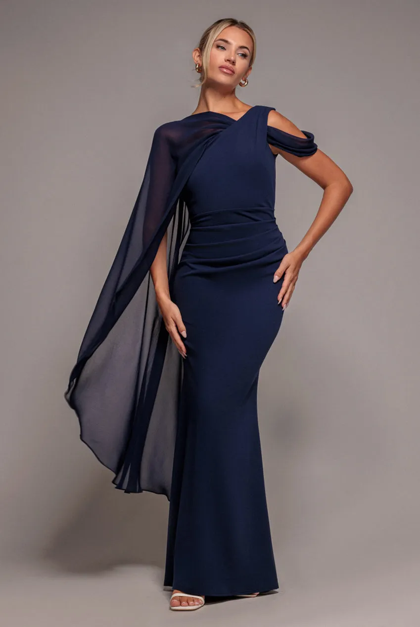 One Shoulder Chiffon Cape Crepe Maxi Dress - Navy Blue by Goddiva sold by Goddiva product image thumbnail 3