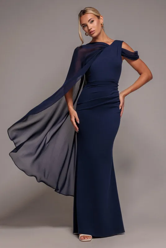 One Shoulder Chiffon Cape Crepe Maxi Dress - Navy Blue by Goddiva made by Goddiva