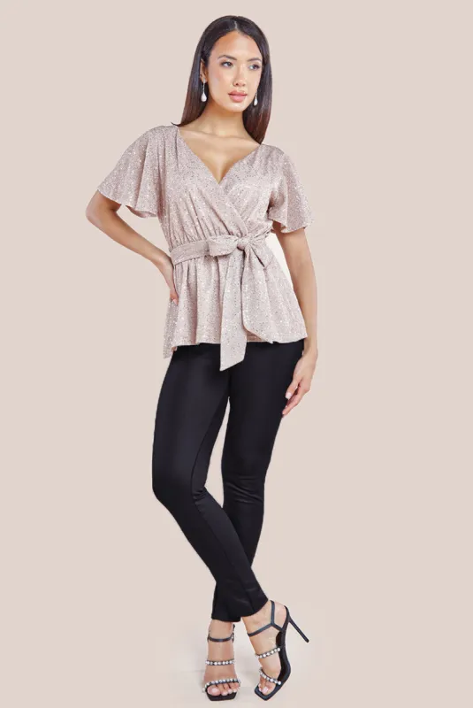 Goddiva Lurex Flutter Sleeve Wrap Top - Champagne sold by Goddiva