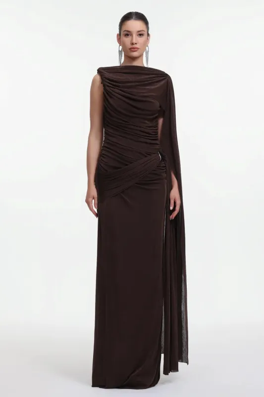 Yahir Elegant Contour Sleeveless Ruched Knit Brown Maxi Dress by Bella Barnett sold by Goddiva