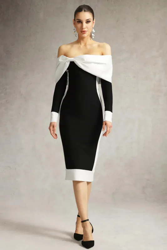 Oria Off Shoulder Bow Bandage Midi Dress by Bella Barnett sold by Goddiva