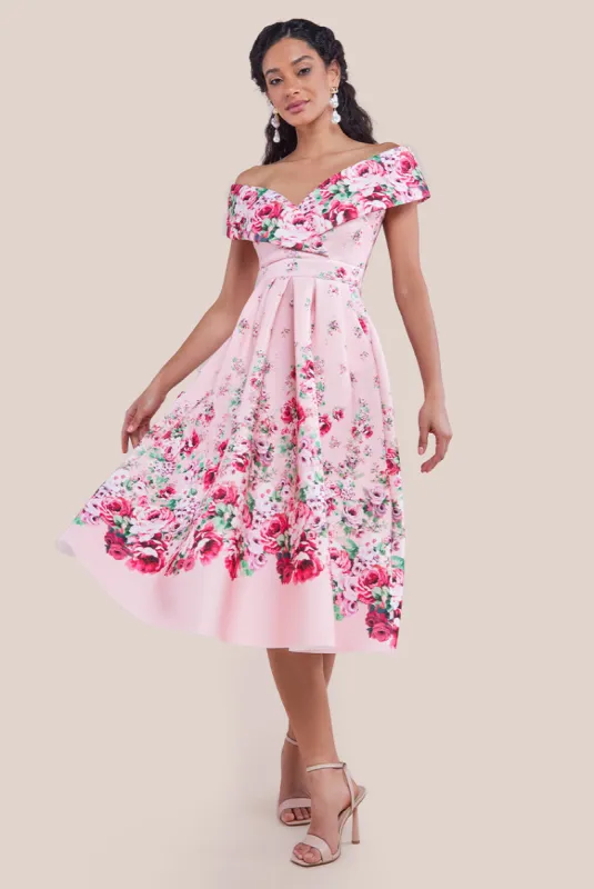 Goddiva Bardot Floral Print A-Line Scuba Foam Midi Dress - Blush sold by Goddiva