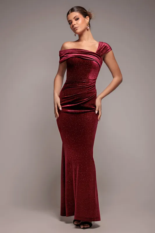 Glitter Velvet One Shoulder Maxi Dress - Wine by Goddiva sold by Goddiva