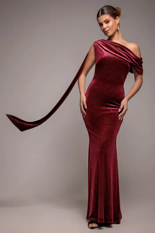 Glitter Velvet Sash One Shoulder Bardot Maxi Dress - Wine by Goddiva sold by Goddiva