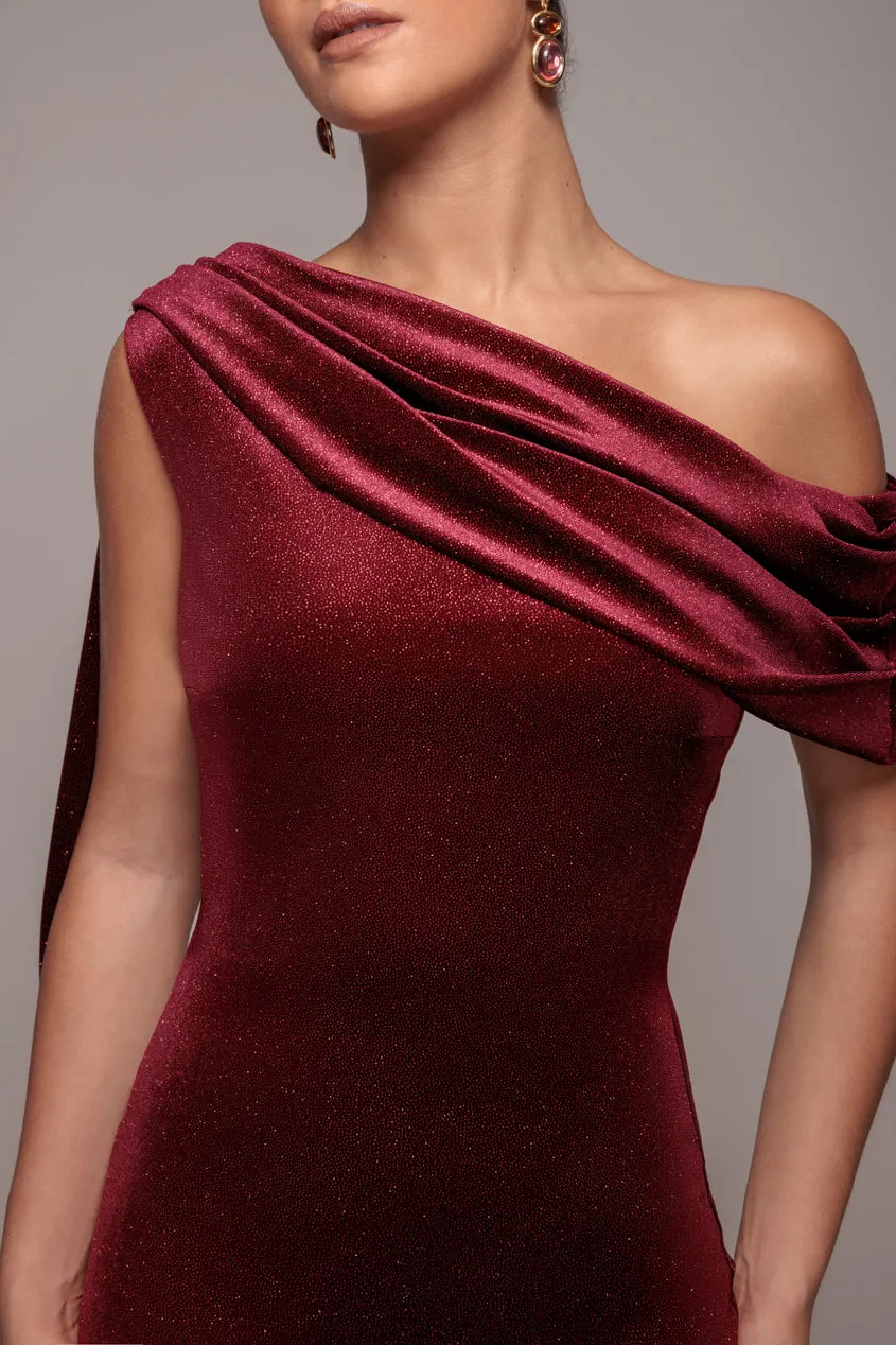 Glitter Velvet Sash One Shoulder Bardot Maxi Dress - Wine by Goddiva sold by Goddiva product image thumbnail 5