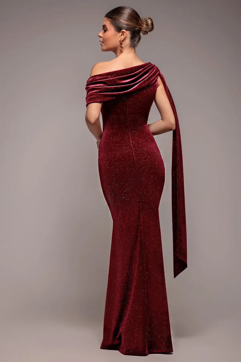Glitter Velvet Sash One Shoulder Bardot Maxi Dress - Wine by Goddiva sold by Goddiva product image thumbnail 2