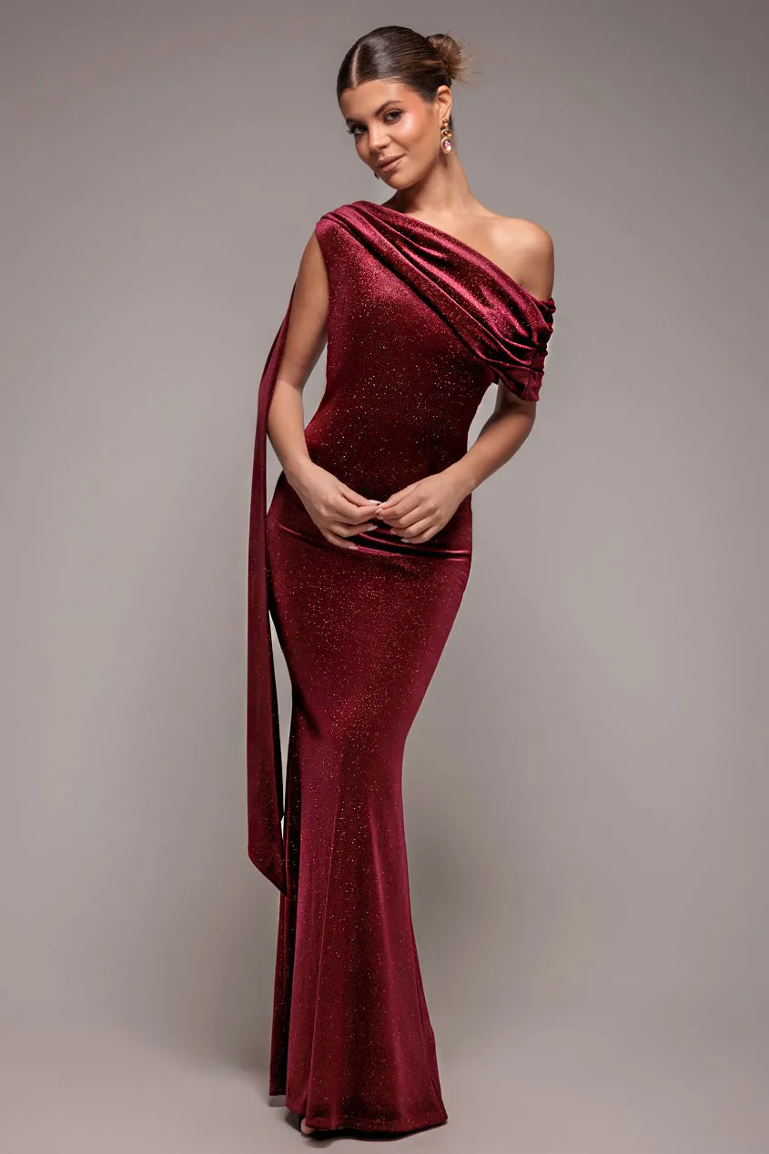 Glitter Velvet Sash One Shoulder Bardot Maxi Dress - Wine by Goddiva sold by Goddiva product image thumbnail 3