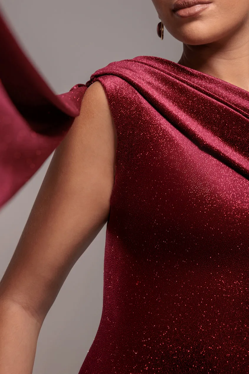 Glitter Velvet Sash One Shoulder Bardot Maxi Dress - Wine by Goddiva sold by Goddiva product image thumbnail 4